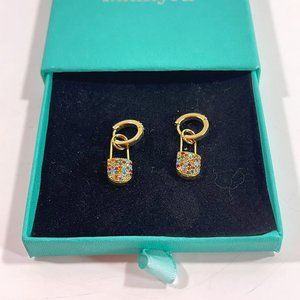 Safety Pin Earrings for Women, Cubic Zirconia Huggie , 14k Gold Plated